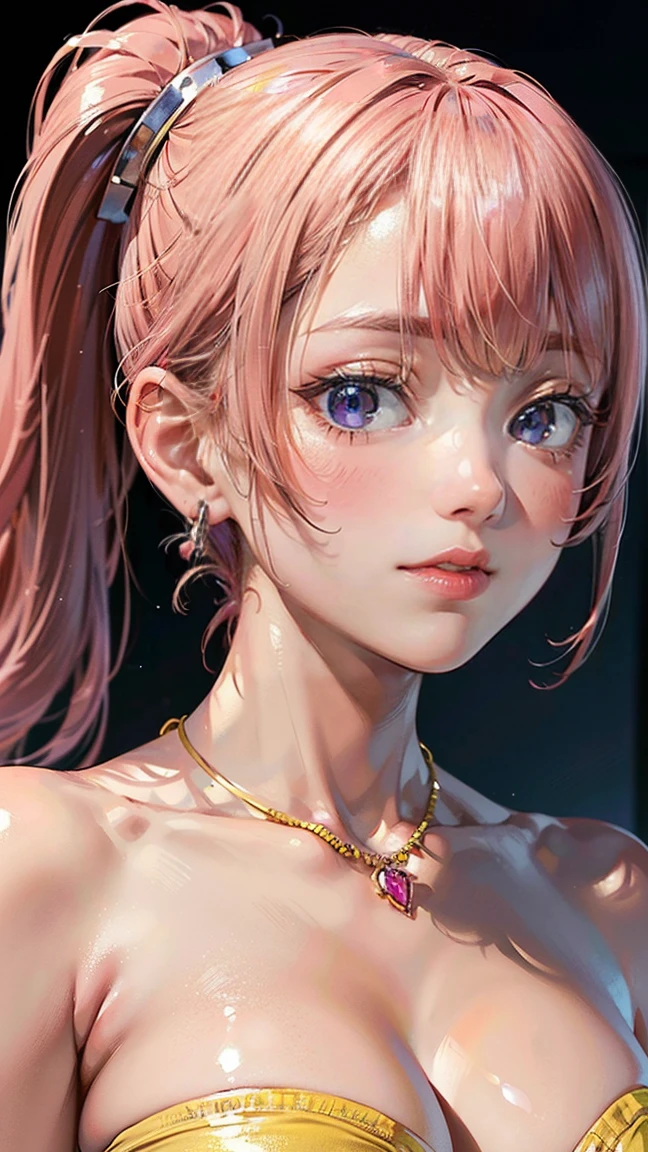 (Masterpiece, BestQuality:1.3), (ultra detailed:1.2), (hyperrealistic:1.3), (RAW photo:1.2), High detail RAW color photo, professional photograph, (Photorealistic:1.4), (realistic:1.4), professional lighting, perfect anatomy, (Big Breasts:1.2), (blush, detailed face), (A happy smile:1.7), Trending Hair&Trending Hairカラーをランダムに, earrings, necklace, bracelet, sexly, erotic sexly, Random sexy gravure poses, (A woman in a yellow bikini、浜辺でランニングしながらA happy smileでセクシーなグラビアポーズをとっている。Pink hair ponytail swinging。:1.3)