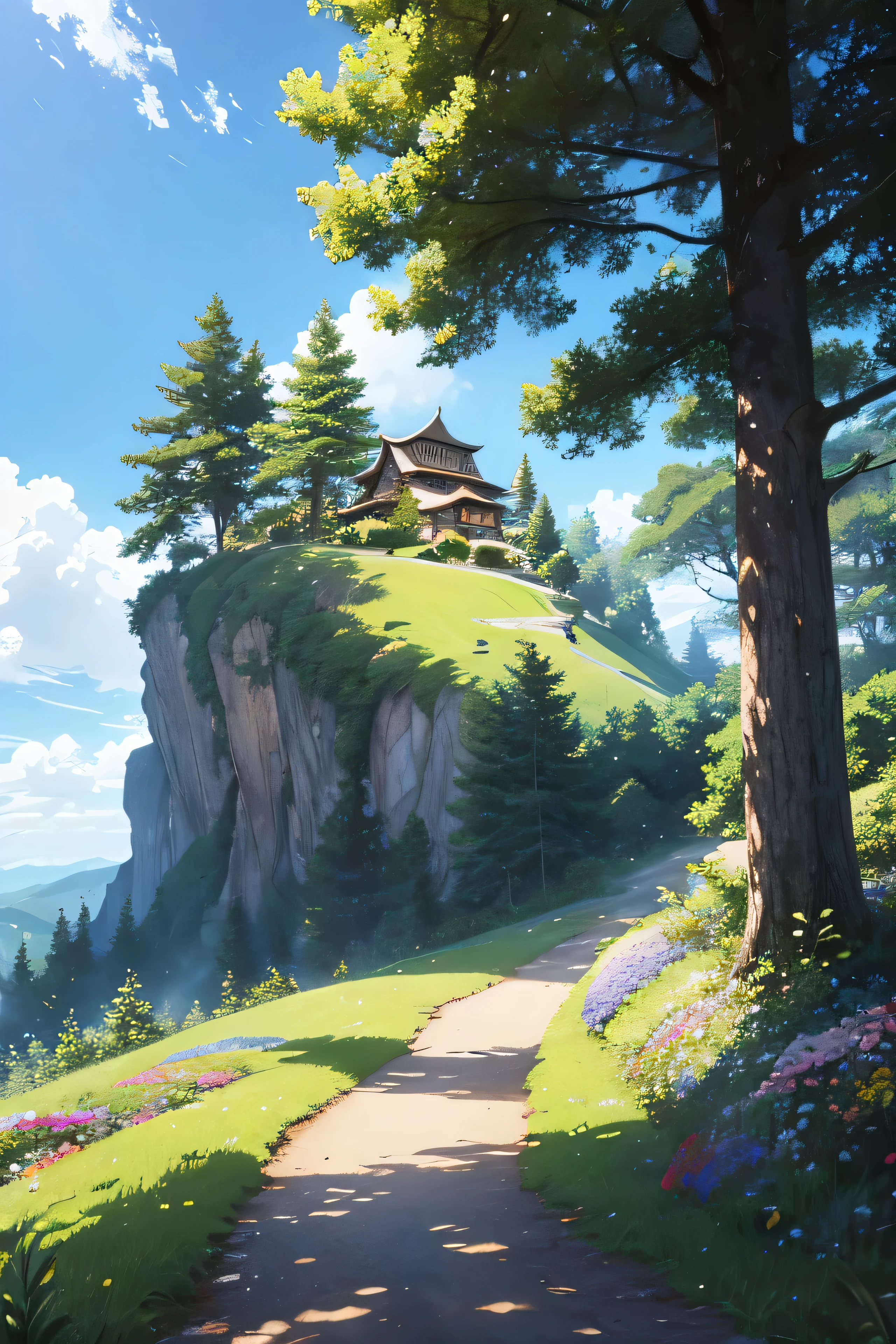 In the anime style, realistic, highly detailed, colourful image of a tree on top of a hill. There is a path towards the hill. There are flowers along the way