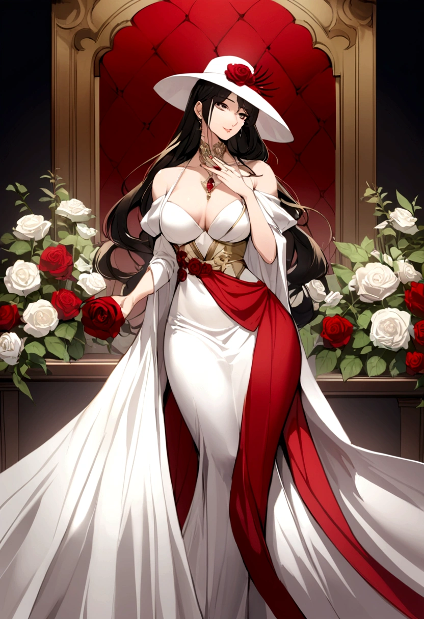 A mature and youthful anime woman, seductive and elegant personality, in a long red and white classy gown, with long sleeve and a really long train attached to her dress, and she is also wearing a hat, pose with a portrait like image, her shoulders up, one hand holding a rose, the other hand stroking her chin gently, and facing towards her from the her back view 