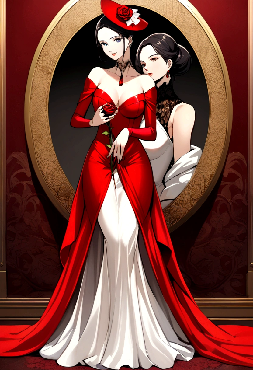 A mature and youthful anime woman, seductive and elegant personality, in a long red and white classy gown, with long sleeve and a really long train attached to her dress, and she is also wearing a hat, pose with a portrait like image, her shoulders up, one hand holding a rose, the other hand stroking her chin gently, and facing towards her from the her back view