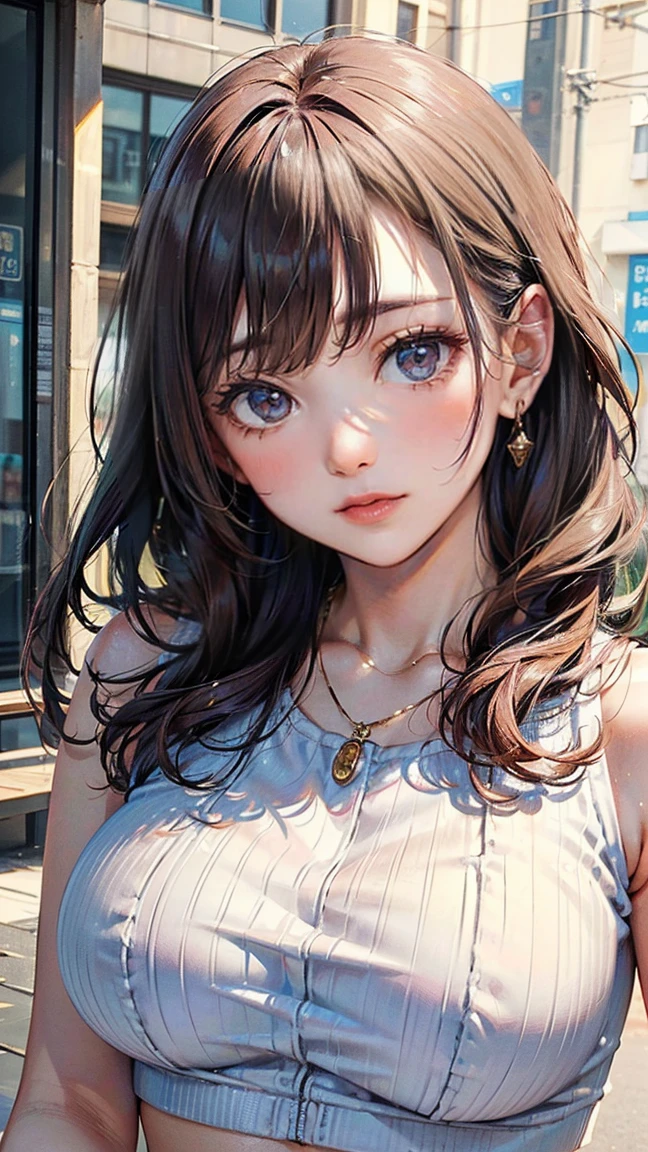 (Masterpiece, BestQuality:1.3), (ultra detailed:1.2), (hyperrealistic:1.3), (RAW photo:1.2), High detail RAW color photo, professional photograph, (Photorealistic:1.4), (realistic:1.4), professional lighting, perfect anatomy, (Big Breasts:1.2), (blush, detailed face), (A happy smile:1.7), Trending Hair&Trending Hairカラーをランダムに, earrings, necklace, bracelet, sexly, erotic sexly, Random sexy gravure poses, (A woman wearing a white crop top and denim shorts、ビーチで写真を撮りながらA happy smileでセクシーなグラビアポーズをとっている。Pink wavy hair is beautiful。:1.3)