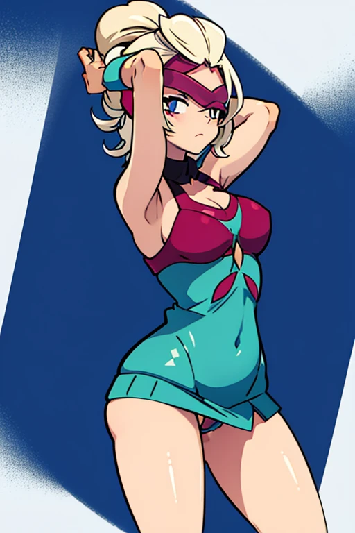 tennis girl in sweater and panty, gloved hands hidden behind head, blindfold