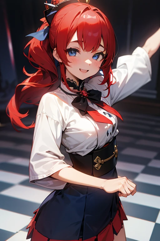 MS. cute、Taisho、Checkerboard Pattern、Beautiful Eyes、Embarrassing、Navy Blue and Red、A special smile、mini skirt、Center of chest、background、日本のTaisho浪漫、red hair long、Dance pose、