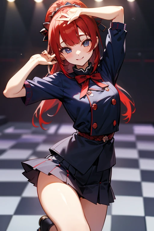 MS. cute、Taisho、Checkerboard Pattern、Beautiful Eyes、Embarrassing、Navy Blue and Red、A special smile、mini skirt、Center of chest、background、日本のTaisho浪漫、red hair long、Dance pose、