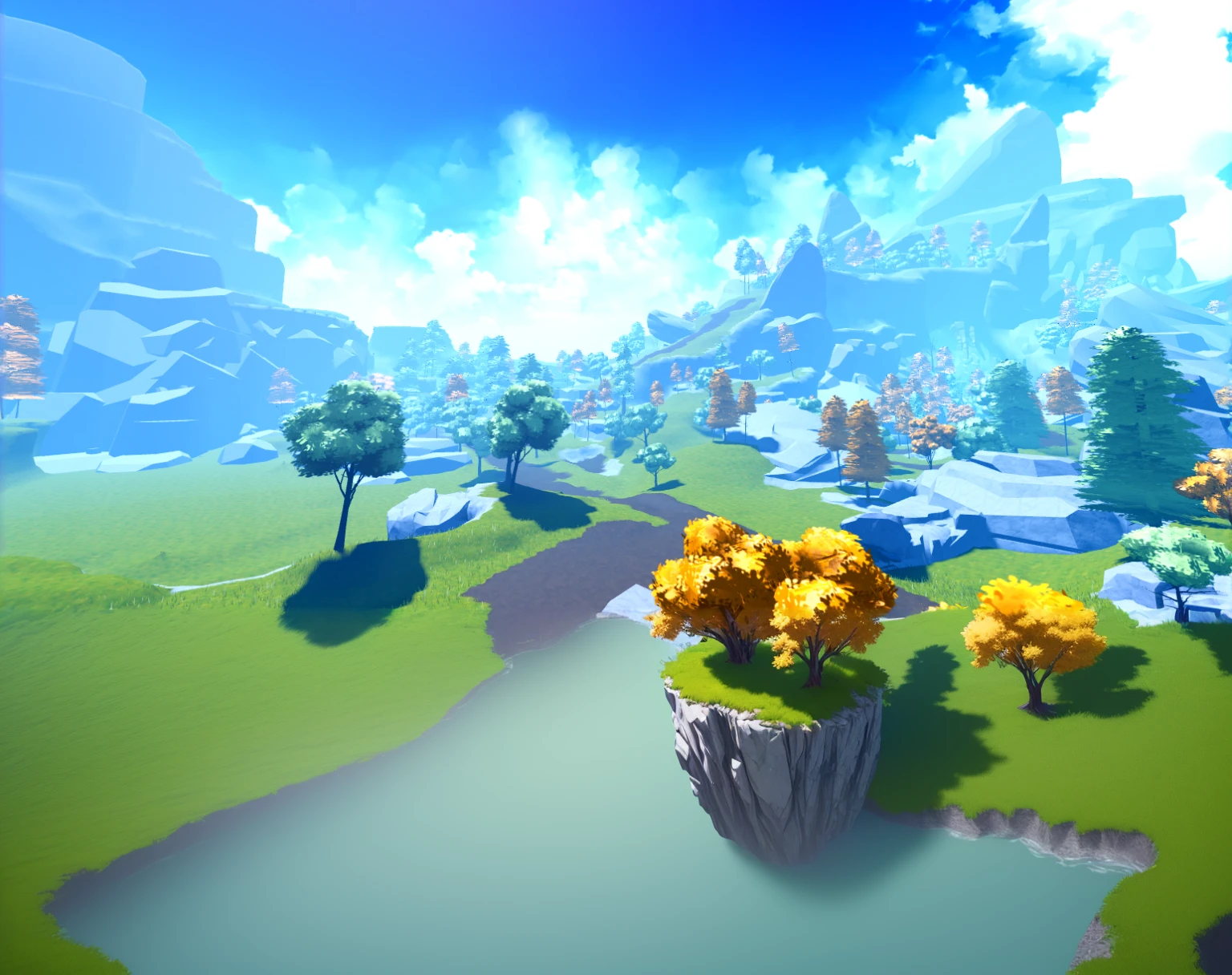 there is a picture of a computer generated landscape with a lot of trees, ultra wide gameplay screenshot, side scroller, pc screenshot, side scroller game, hyper-detailed environment, made of tree and fantasy valley, gameplay still, stylized as a 3d render, unity screenshot, rendered in unity 3 d, beautiful screenshot, video game screenshot>, videogame still