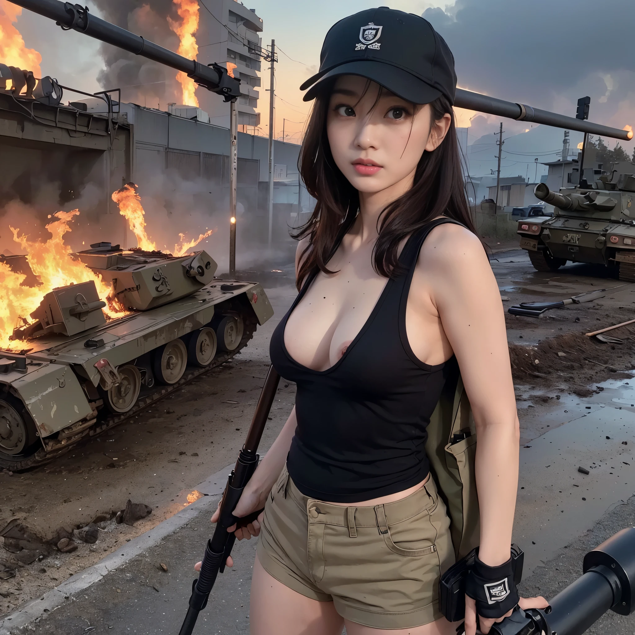 (8K, RAW Photos, Highest quality, masterpiece:1.2),(Realistic, Realisticな写真:1.4),(非常に詳細な CG Unity 8K 壁紙),(Round face: 1.5), (Detailed pupil:1.3),(Cool eyes:1.1),(A small smile:1.1),(Unforgettable Eyes:1.1),(Your eyes are so beautiful:1.1),
24-years-old, Japanese women, Dirty Face, Covered in scars、Bronze Skin, U in clothes.s. Marine Corps Uniform,Bulletproof vest、Backpack、Heavy machinery、 Fighting on the battlefield, Strong muscles, World war, Modern warfare theme,armyの少女, Assault rifle with accurate details, (Gripping the rifle: 1.3), (Aim そして hold the rifle.: 1.3), Gunfight, army, Baseball cap, car on fire, war zone,, explosion, Burning City, cigarette, Torn Tank Tower, belly button, Gloves, 破れたarmy用パンツ, Faces stained with mud and blood, Sweaty skin, bloody skin, Muddy skin, declaration of determination, Precise Representation, Highest quality, Ultra-high resolution, Realisticな, Spirit、Physically Based Rendering(Physically Based Rendering(Physically Based Rendering)), Cinema Lighting, Complex, Cinematic look,Cinematic soft light, Pleasant tone of voice, Battlefield Background, Background of urban warfare, Realistic, Cowboy Shot, Dynamic Angle,, Mahindrathar, electric wire, 8K!!, 偉大なmasterpiece,, make: Tom Karafik, (((Half naked with breasts visible))), (((Nipples peeking out from tank top)))
