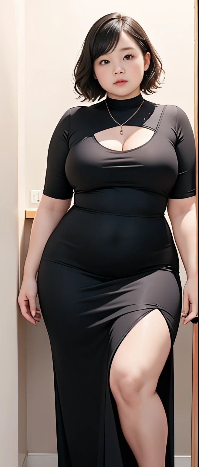 Chubby woman with chubby belly and tight thighs, full body, mature woman, thick hips, thick neck, thick chest, big eyes, wearing a longest dress, wavy medium short hair, Height 170 cm , full body