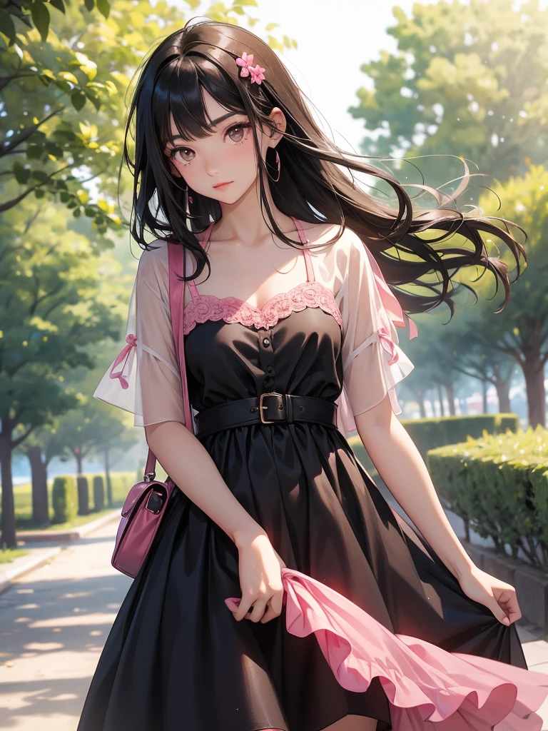 1 girl, , long black hair, dark brown eyes, slightly tanned skin, pink dress, vintage dress, background at the park