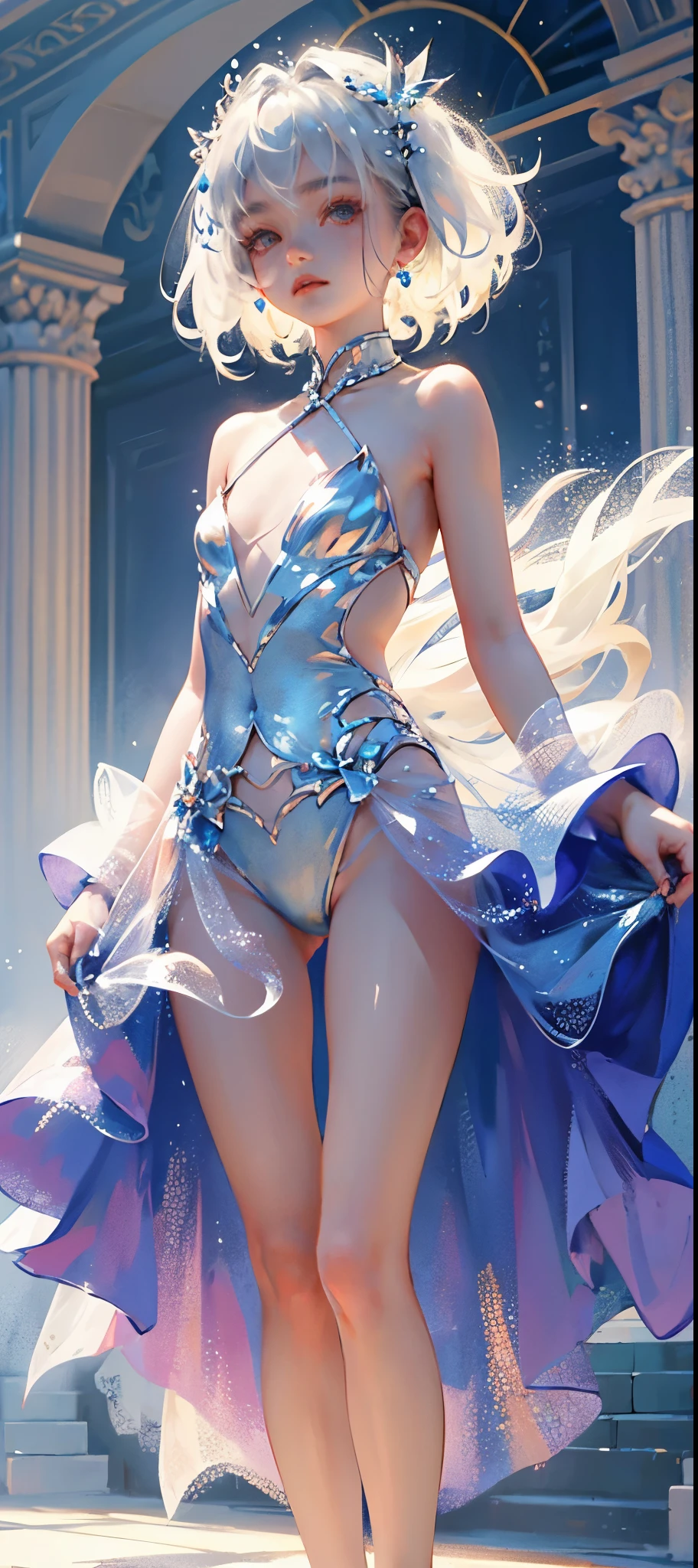 A girl、symmetry,Daughter,whole body 女恋,Put your hands together and bloom,(Very detailed:1.1),((small :1.2))、The eyes are well drawn、Charming eyes、Double tail、Wear jewelry and pearls around your neck,Transparent openwork、Deep V、Crystal Pearls、在Wear jewelry and pearls around your neck,white hair, show your thighs, Bare shoulders, Show Clavicle, Yao Liu, barefoot,((whole body))、painful posture