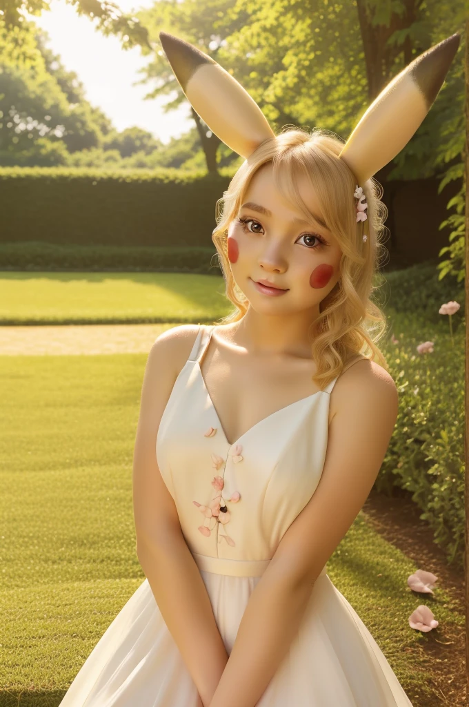 A beautiful young woman, detailed portrait, flawless skin, delicate facial features, serene expression, blonde hair,elegant white dress, petals falling around her, lush garden background, natural lighting, cinematic composition, photorealistic, award winning portrait photo, furry,yellow skin, pikachu girl, pikachu,fur, looking at viewer
