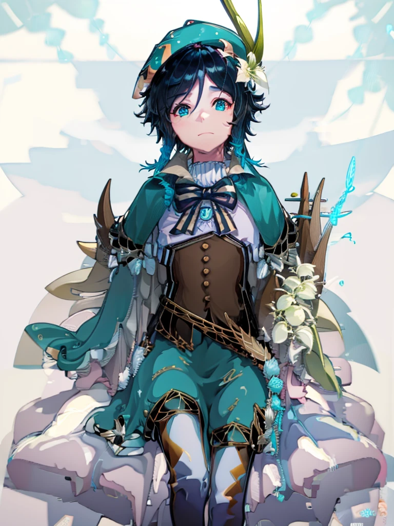 Venti genshi impact flat colors card cover blue colors golden frame boy with a book in his hands stars and elements like white flowers around half body 3/4 with a beret on his head and a lyre in his hands 