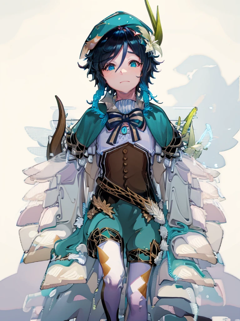 Venti genshi impact flat colors card cover blue colors golden frame boy with a book in his hands stars and elements like white flowers around half body 3/4 with a beret on his head and a lyre in his hands