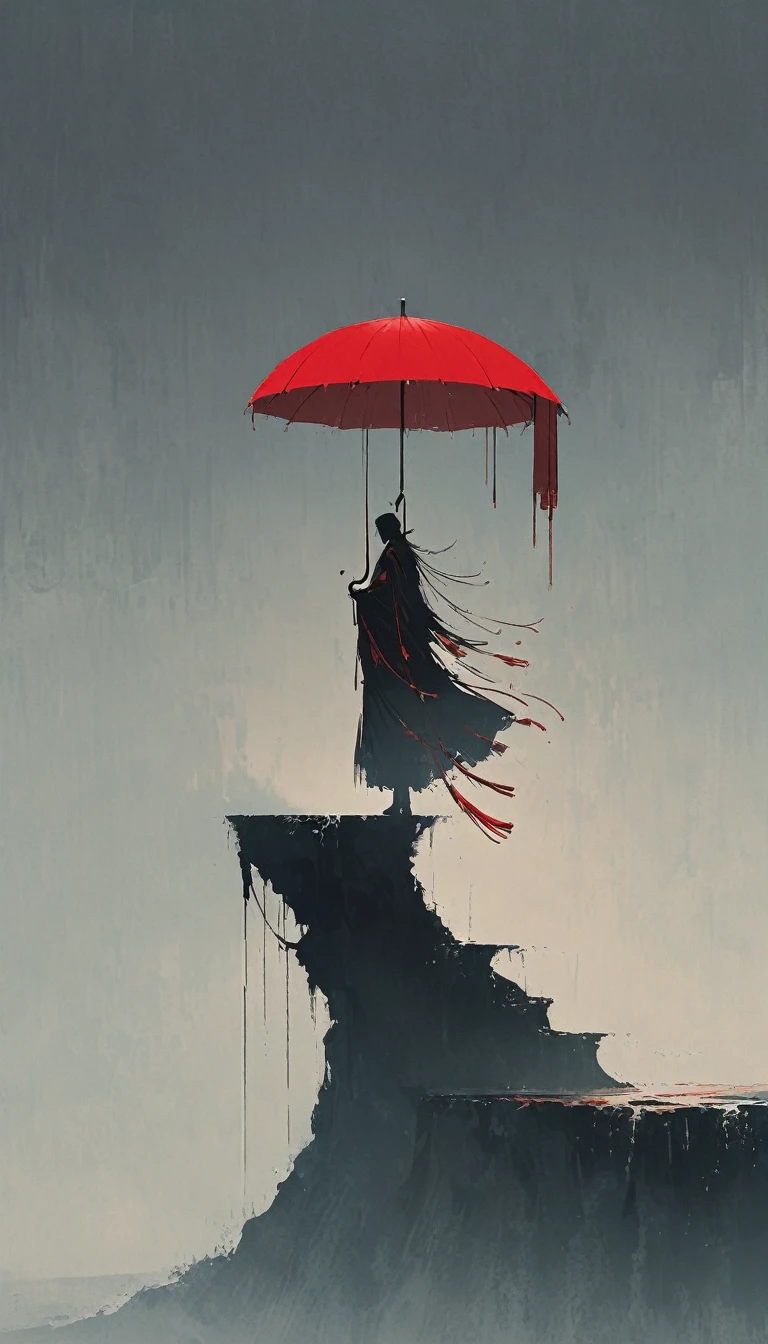 a simple,minimalist illustration, 1 red umbrella suspended in the air,tassels on the umbrella,solitary figure,on a cliff edge,bridge