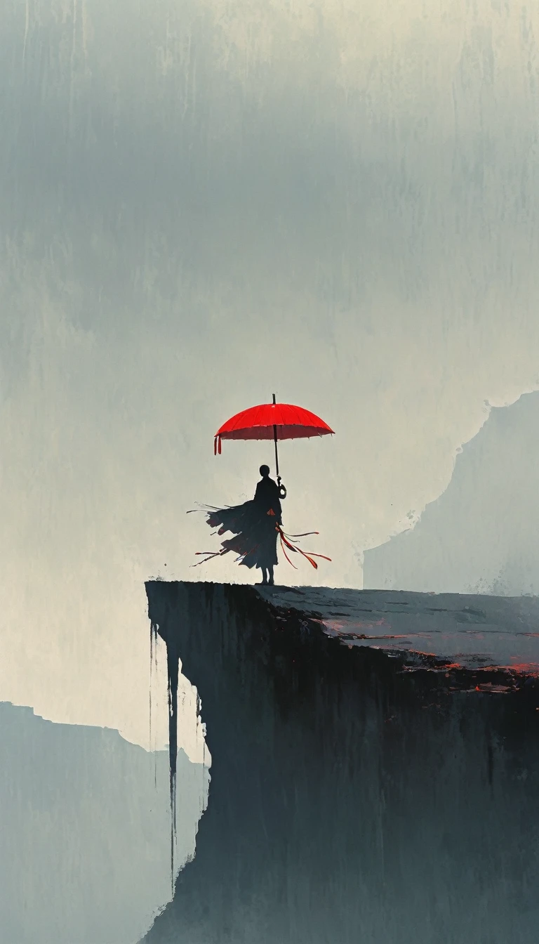 a simple,minimalist illustration, 1 red umbrella suspended in the air,tassels on the umbrella,solitary figure,on a cliff edge,bridge