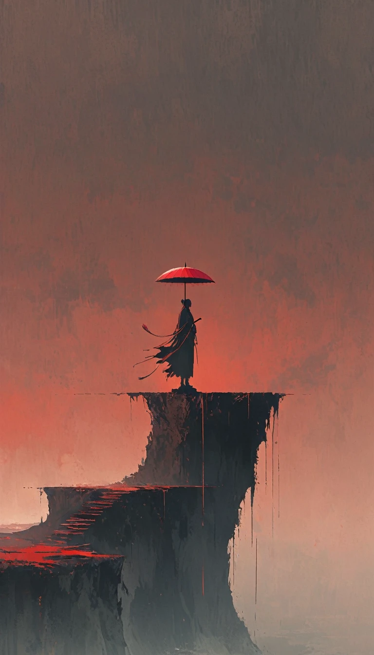 a simple,minimalist illustration, 1 red umbrella suspended in the air,tassels on the umbrella,solitary figure,on a cliff edge,bridge