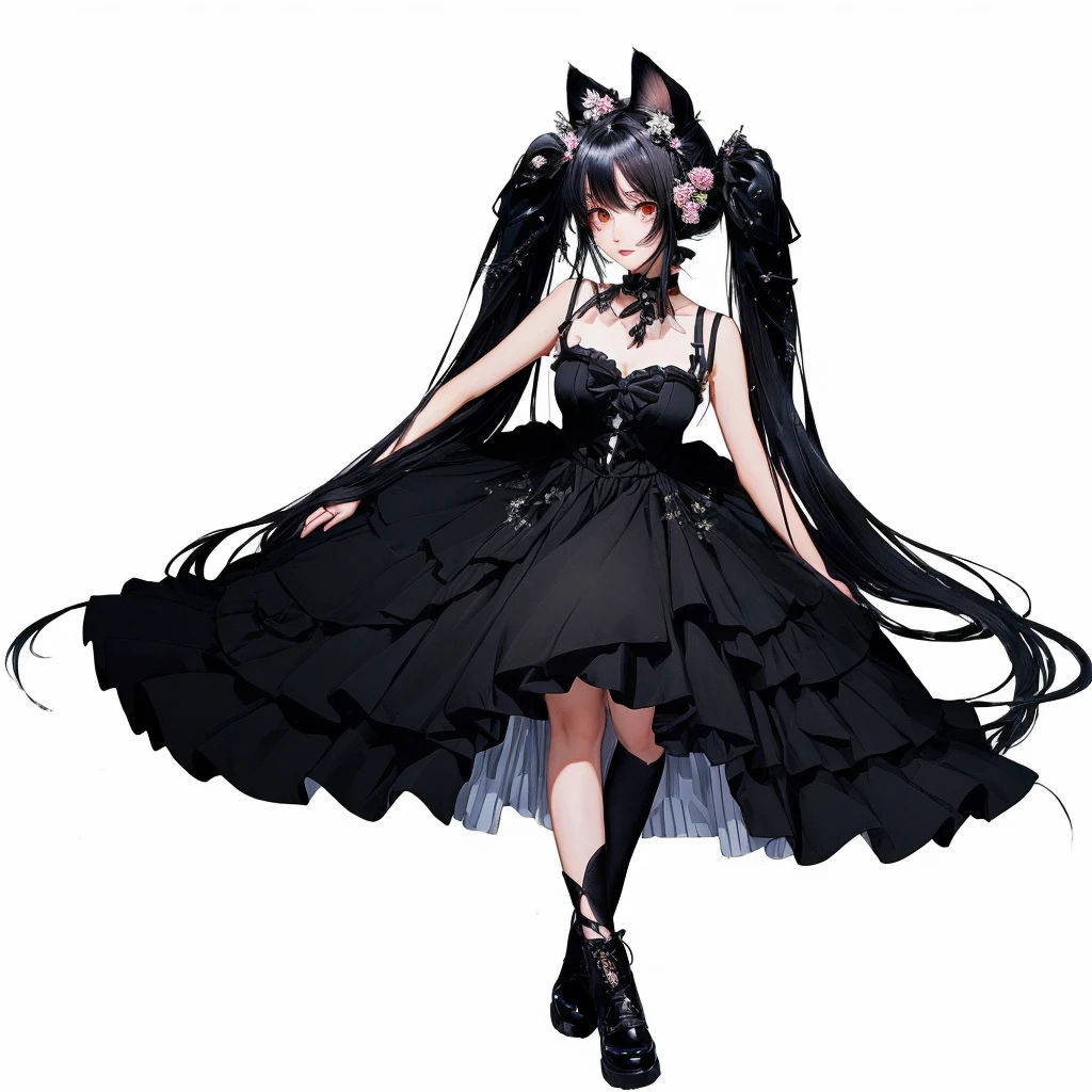 (((No meio da floresta))), (((Pine forest))), anime girl with black hair and angel wings in a black dress, anime girl wearing a black dress, dress , cute anime waifu in a beautiful dress, anime moe art style, 1 7 Year Old Goth Anime Girl, cute anime cat girl, high quality anime art style, cute anime style, an anime girl, very beautiful anime cat
