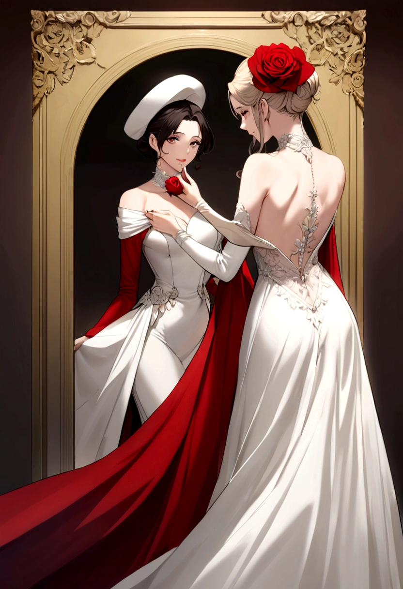 A mature and youthful anime woman, seductive and elegant personality, in a long red and white classy gown, with long sleeve and a really long train attached to her dress, and she is also wearing a hat, pose with a portrait like image, her shoulders up, one hand holding a rose, the other hand stroking her chin gently, and facing towards her from the her back view 