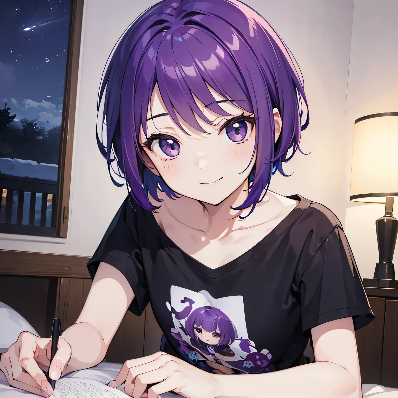 (T Masterpiece，4k wallpaper，Best Quality))、((girl１people))、(solo)、Bright and Brilliant，(Purple Hair)、(short hair:1.3)、smile、Bedroom、T-Shirts、night