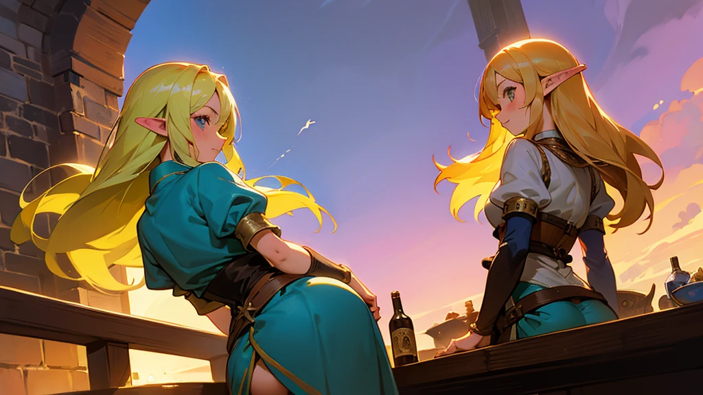 Anime Style,Nostalgic,Detailed background,The medieval world,A lively bar with lots of people,Beautiful sky,A beautiful bard elf girl looking back at me,Protruding buttocks