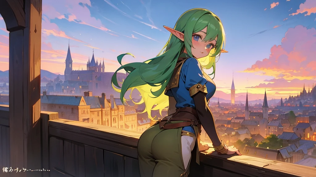 Anime Style,Nostalgic,Detailed background,The medieval world,A lively bar with lots of people,Beautiful sky,A beautiful bard elf girl looking back at me,Protruding buttocks