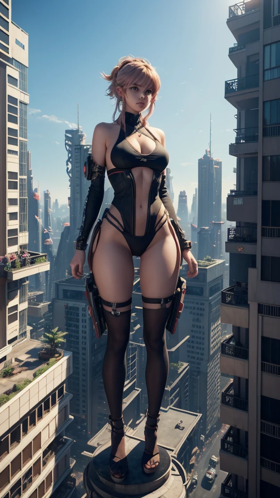 Girl sitting on a building,A giant woman in a bikini lying on top of a cyberpunk city, Wear short skirts,Little guys running around the giant girl,Many cars pass by, Standing on her hand, cgsociety 9, 2. 5 d cgi fantasy art, engine rendering unreal + a goddess, full body cgsociety, artgerm ; Hyper realistic 3d content, giant art, super detailed 3d matte paintings, super detailed 3d matte paintings, realistic fantasy art, realistic 3 d anime style. Beautiful girl. Big thighs."The boy stood on the top of a high-rise building waving to the girl". Color ultra 4k.