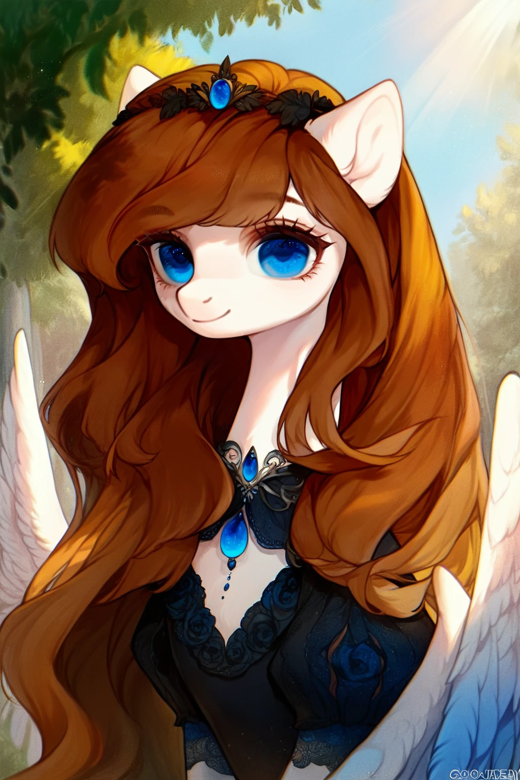 1 girl, CuteStyle, upper body, angel wings, furry, pony furry, blue eyes, white fur, brown mane, long mane, Dressed in a black dress, looks at the viewer, smile, on the street, trees, rays of the sun, detailed, beautiful, delicate tones