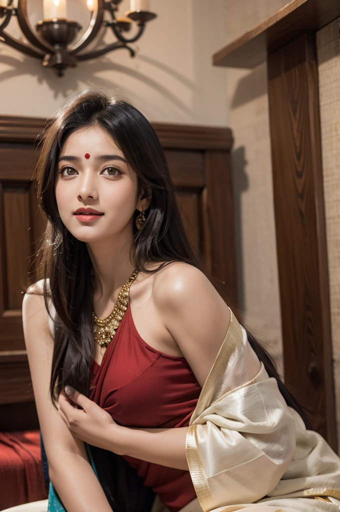 masterpiece, centered, 1 young Indian woman with a cute and radiant face, featuring exquisitely detailed eyes, expressing a mix of shyness and joy, dressed in vibrant traditional Indian attire. She has a slim figure and medium-sized breasts. Generate an 8k image, risbeauty indian,
