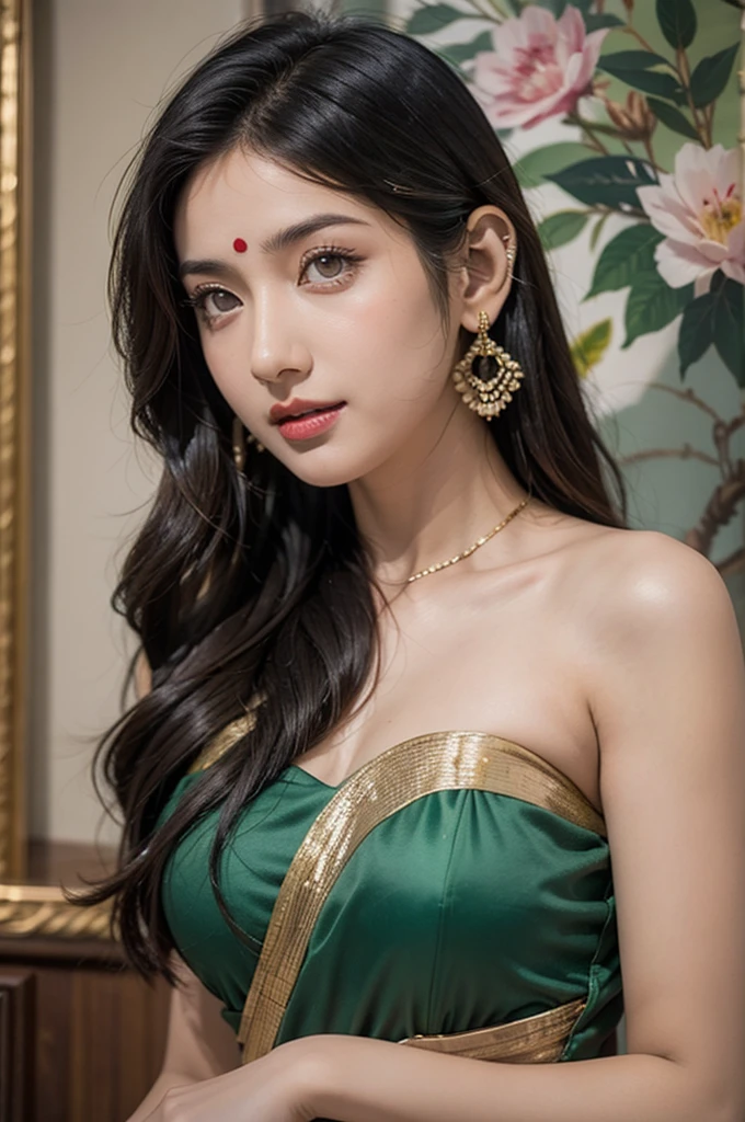 masterpiece, centered, ****ung Indian woman with a cute and radiant face, featuring exquisitely detailed eyes, expressing a mix of shyness and joy, dressed in vibrant traditional Indian attire. She has a slim figure and medium-sized breasts. Generate an 8k image, risbeauty indian,
