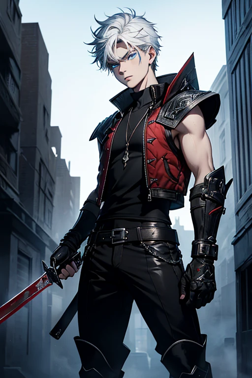 A 16 year old boy with white hair and blue eyes, scarred, wearing a black tank top, a red sleeveless jacket, black pants, red boots, with a sword on his back, detailed portrait, extremely detailed face and eyes, realistic, photorealistic, 8k, high quality, vibrant colors, dramatic lighting, cinematic, fantasy, concept art