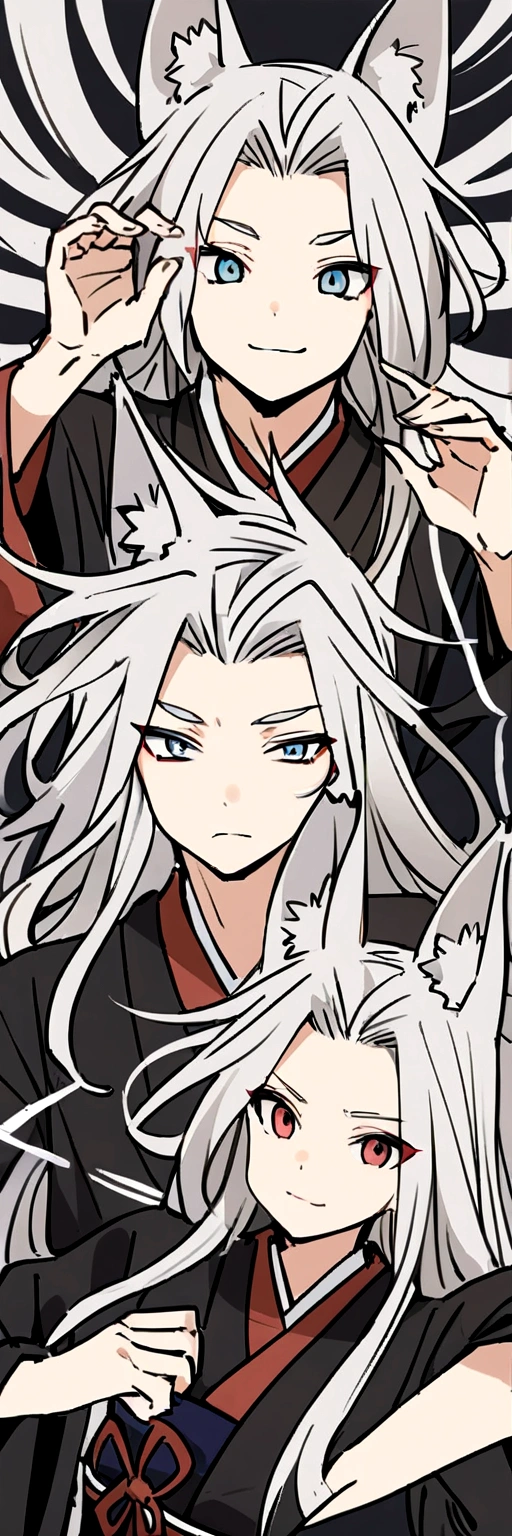 male、youth、Fox、Animal Ears、Silver Hair、Long Hair、One knot、Japanese style、Bow drawing