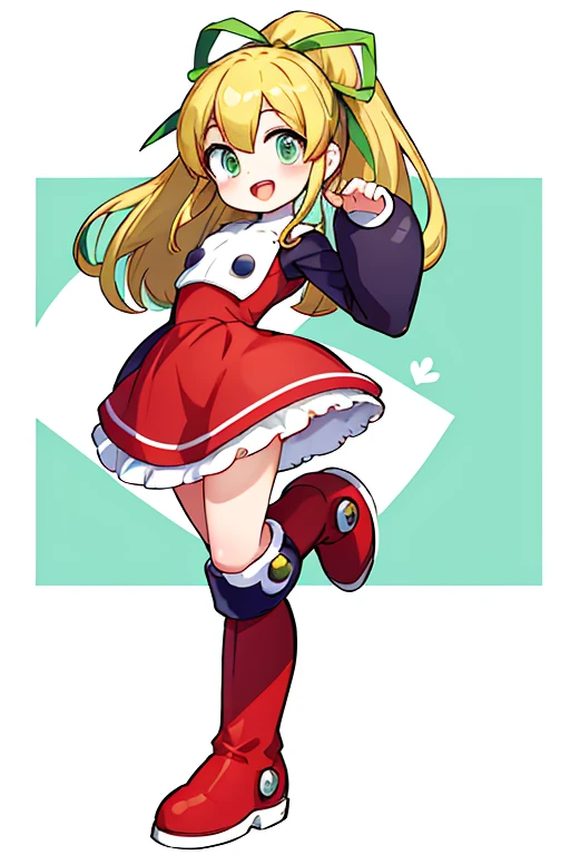 masterpiece, high quality, megamanroll, 1girl, solo, green eyes, blonde hair, ponytail, ribbon, boots, dress, smile, long hair, knee boots, full body, white background, red dress, hair ribbon, arm up, red footwear, long sleeves, red skirt, :d, green ribbon, looking at viewer, sidelocks, skirt, jump up and down,
