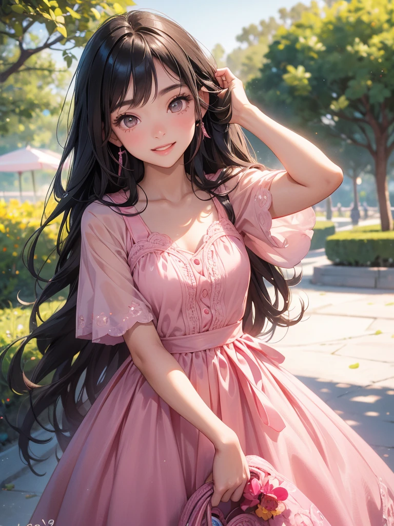 1 girl, ************, long black hair, dark brown eyes, slightly tanned skin, pink dress, cheerful smile, vintage dress, background at the park