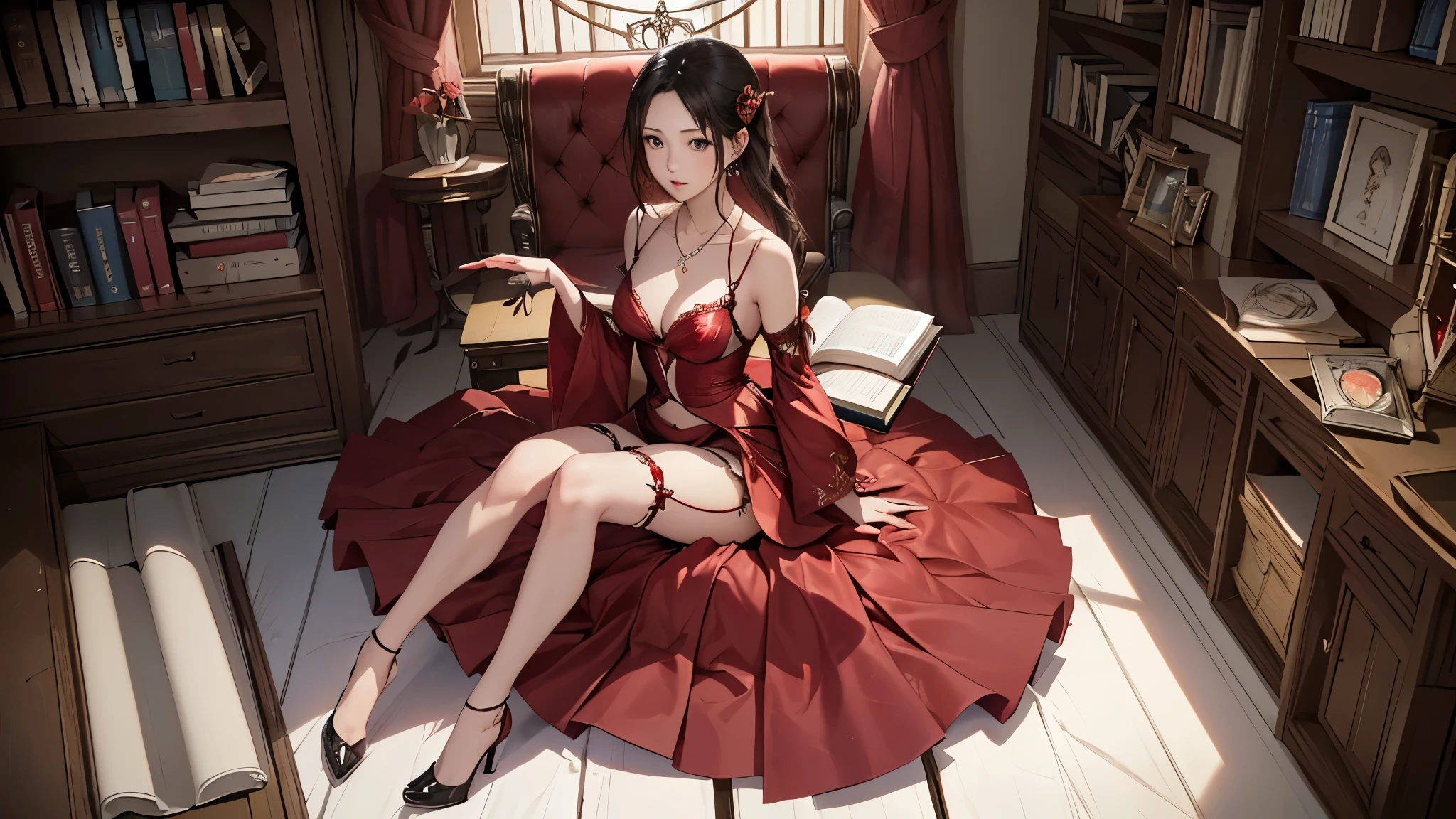 ((Biologically correct limb count))、((Full Body Shot, Full-body photo including face、Head to toe photos))、4K、masterpiece、((Focus on the face))、((Symmetrical facial features))、Eyes of meticulous depiction、One beautiful woman、Excellent style、((Panties and bras、Garter belt and garter stockings、(High heels)))、Detailed Description、Small earrings、necklace、High angle、Looking up、A deep red wedding dress with her panties showing、(((足のBook数は2Book)))、Hands clasped