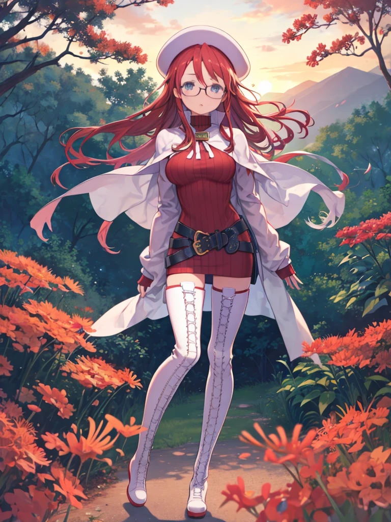 One Girl、Red Hair、long hair、Hair between the eyes、blue eyes、Big Breasts、thighhighs, hat, dress, boots, glasses, belt, cape, sweater, zettai ryouiki, beret, thigh boots, white footwear, ribbed sweater, loose belt、wilderness、sunset、Red scenery、A field of red spider lilies、Licorice、Hair blowing in the wind、