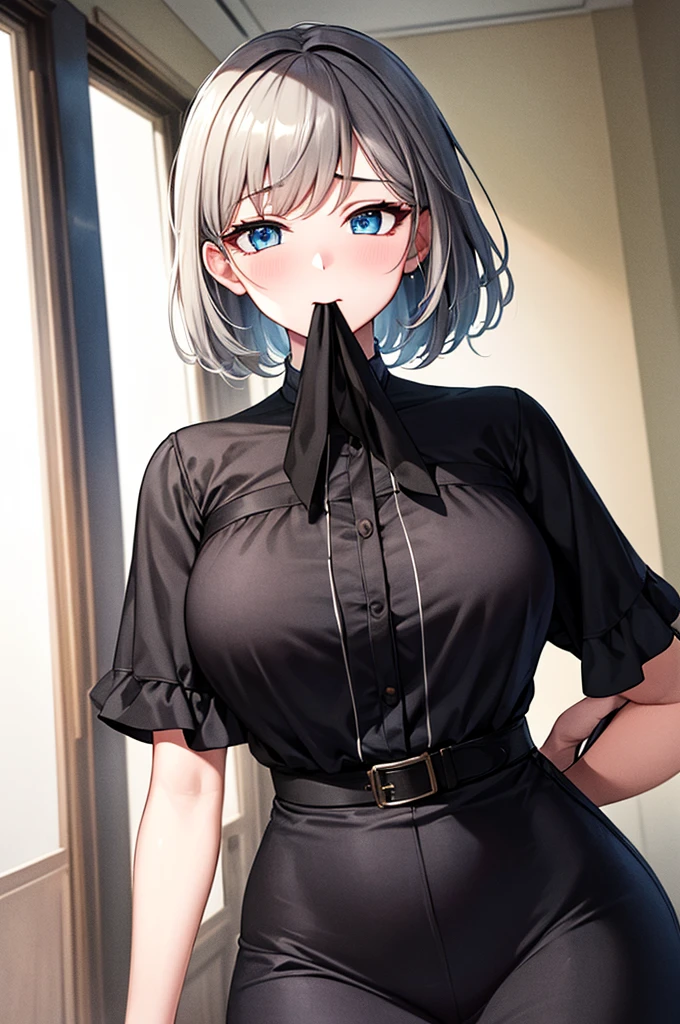 masterpiece, Highest quality, High resolution, One girl, alone, Anastasia (Idol Master), Idol Master cinderella girls, blue eyes, short hair, Grey Hair, Black Dress, Cowboy Shot, , Mouth closed, upper_body,