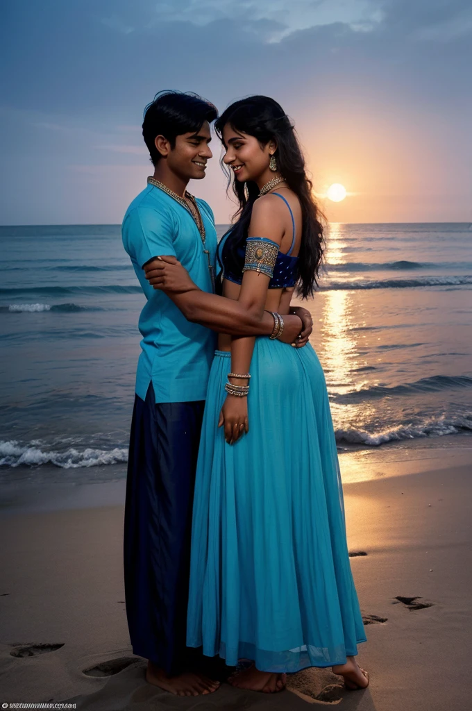 A real 18 year old Indian couple standing under the full moon on the beach, with stylish wet black hair, the girl wearing a blue lehenga and the boy wearing a blue kurta, and name “Rajan” write on kurta in big white latters, they are hugging and looking at each other, romantic, smiling, watch, bracelet, necklace, the sky is dark and full of stars, cute, and the sea is in the background, 16K ultra quality images