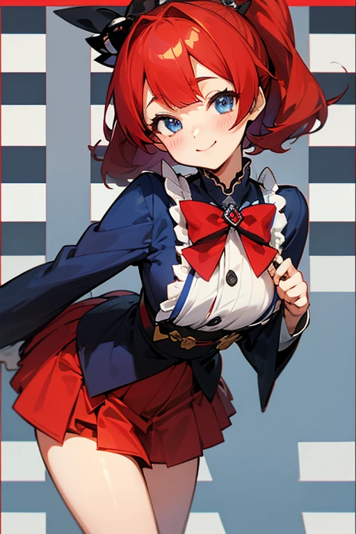 MS. cute、Taisho、Checkerboard Pattern、Beautiful Eyes、Embarrassing、Navy Blue and Red、A special smile、mini skirt、Center of chest、background、日本のTaisho浪漫、red hair long、