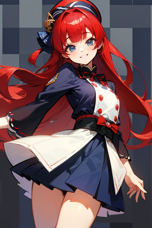 MS. cute、Taisho、Checkerboard Pattern、Beautiful Eyes、Embarrassing、Navy Blue and Red、A special smile、mini skirt、Center of chest、background、日本のTaisho浪漫、red hair long、