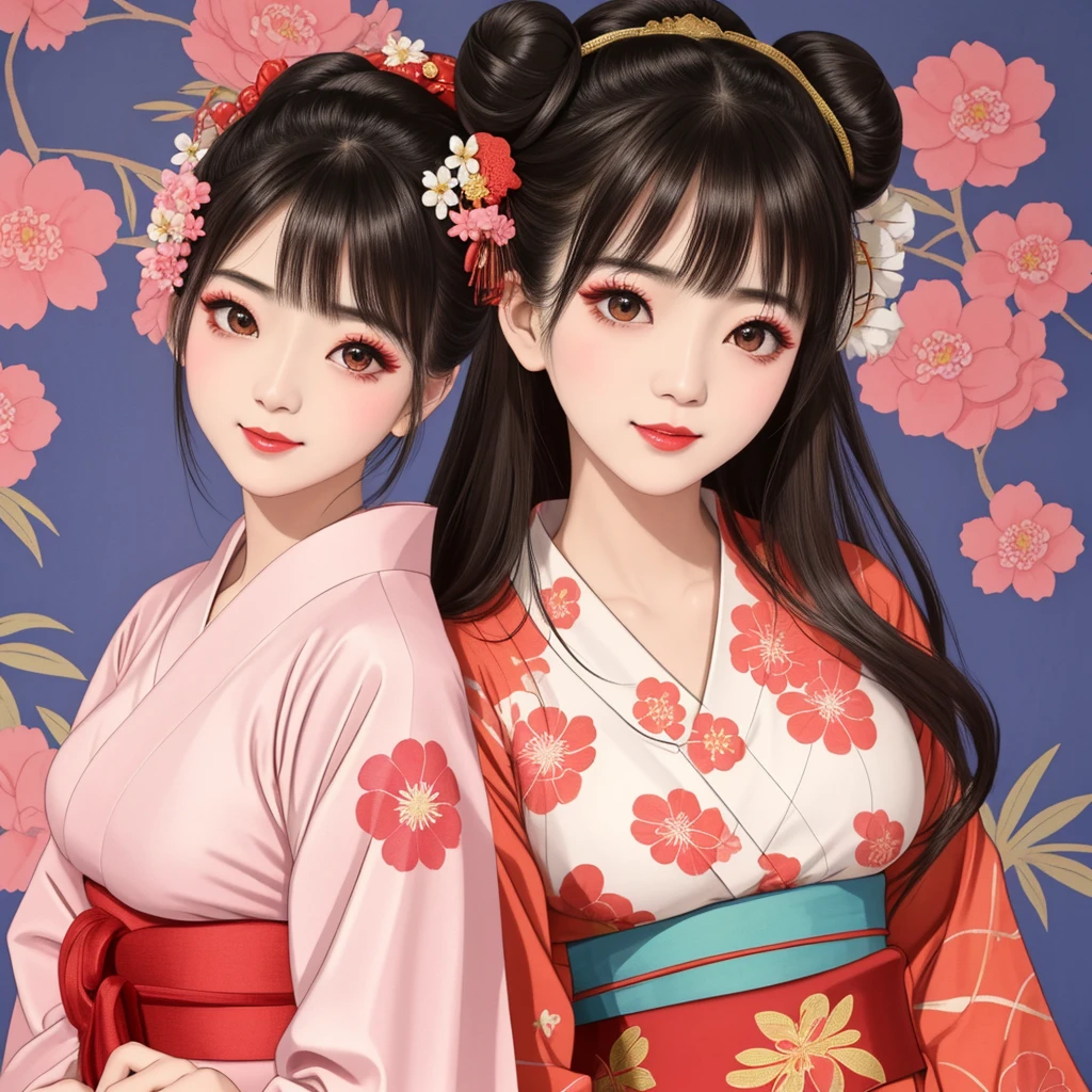 Each has a different expression2People and sisters、(2 girls)、⦅Dancing traditional arts with grace)、((Big Breasts、Small Face、Not exposed))、Highest quality、masterpiece、(Black Hair、Bun Hair)、Brown Eyes、⦅Wide angle、Angle from above the waist、雑誌の表紙のPause、Their gazes are different, staring into the distance⦆、(8K High Quality、masterpiece、High resolution、Realistic and beautiful light and shadow、(Highest quality)、(High Resolution)、(Very delicate and beautiful)、(Beautiful 8k face)、(With a smile、Beautiful eyes)、(Clear skin)、(Soft hair)、(8Head to Body)、(A Japanese-style yukata kimono with red, pink, orange and blue floral patterns on a white background, interspersed with gold powder、Wearing a yukata2Beautiful Japanese girls)、((Tanabata decoration background))、((Small Face))、(arms up)、Thin and small nose、(Red lipstick)、(Make your cheeks red)、(Glossy skin)、((Ink painting style))、Very thin eyebrows、Overall ultra-high image quality、(She is wearing maiko-style makeup.)、Whitening、Long and beautiful eyelashes、Glowing Skin、(Red cheeks),Straight nose、masterpiece、Highest quality、whole body、 Eyebrows visible through hair、Bun Hair、Grin、Gal、コGal、Viewer's Eyes、Plaid、Stylish、woman、fine、Pause、
Waiting to start