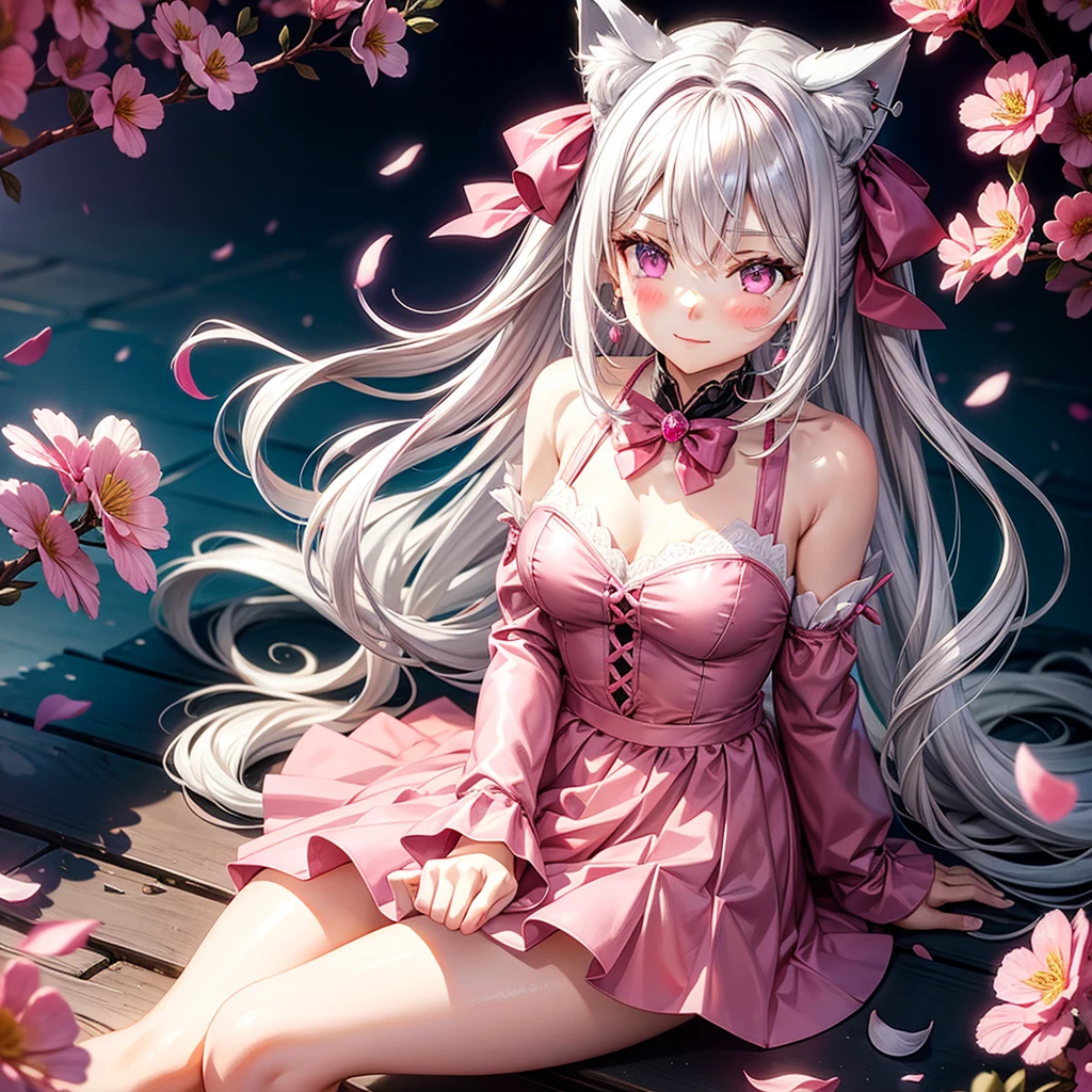 Silver hair, pink eyes, body, cat ears, sexy girl, earrings, flower sky background, pink red uniform, hair bows, sit down, happy face