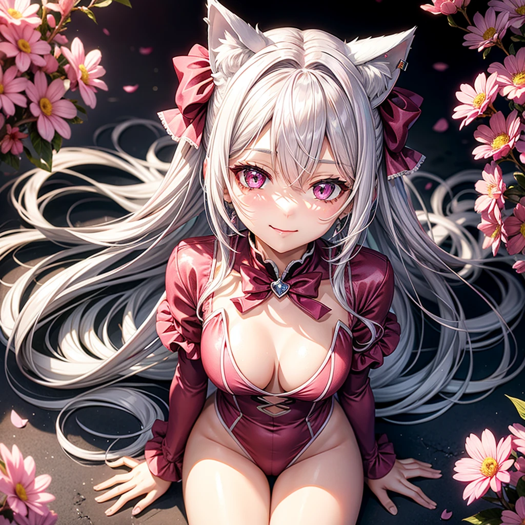 Silver hair, pink eyes, body, cat ears, sexy girl, earrings, flower sky background, pink red uniform, hair bows, sit down, happy face