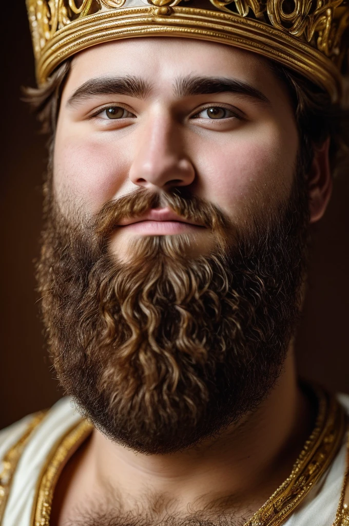 ((best quality)), ((masterpiece)), (detailed), perfect The image of a king The king is obese with short brown hair and a short beard. Has rosy cheeks His face is cheerful
