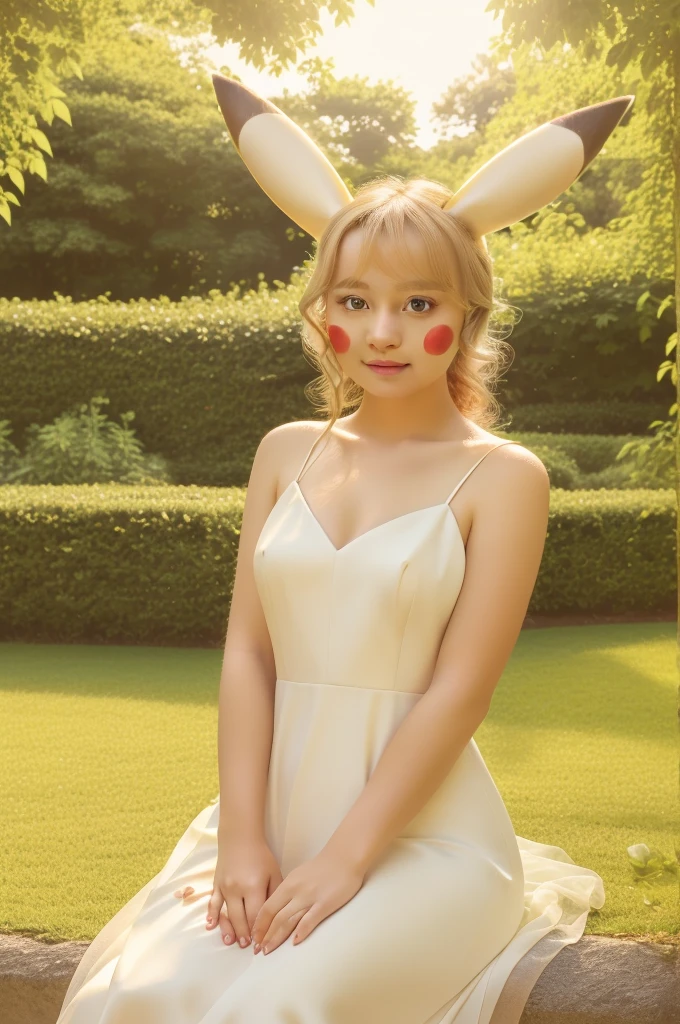 A beautiful young woman, detailed portrait, flawless skin, delicate facial features, serene expression, blonde hair,elegant white dress, petals falling around her, lush garden background, natural lighting, cinematic composition, photorealistic, award winning portrait photo, furry,yellow skin, pikachu girl, pikachu,fur, looking at viewer, (furry girl:1.0)
