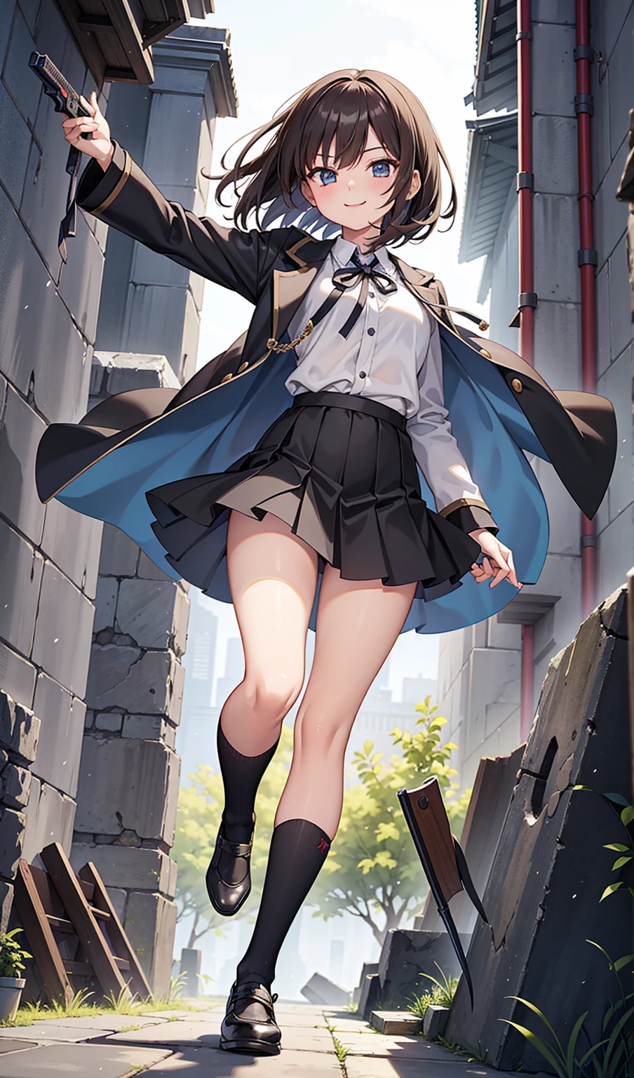 Human Woman、smile、Dark Brown Hair、白銀のsword士、Lock the curtains、The chest is open、Short skirt、Knee-high socks、sword、gun、ax、Uplifting、whole body、Ancient city ruins、Combat readiness、Perfect hands、Perfect Fingers