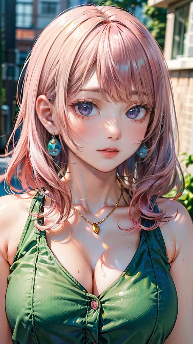 (Masterpiece, BestQuality:1.3), (ultra detailed:1.2), (hyperrealistic:1.3), (RAW photo:1.2), High detail RAW color photo, professional photograph, (Photorealistic:1.4), (realistic:1.4), professional lighting, perfect anatomy, (Big Breasts:1.2), (blush, detailed face), (A happy smile:1.7), Trending Hair&Trending Hairカラーをランダムに, earrings, necklace, bracelet, sexly, erotic sexly, Random sexy gravure poses, (A woman wearing a green summer dress、ビーチバーで友達とカクテルを楽しみながらA happy smileでセクシーなグラビアポーズをとっている。Her straight pink hair sways gracefully.。:1.3)
