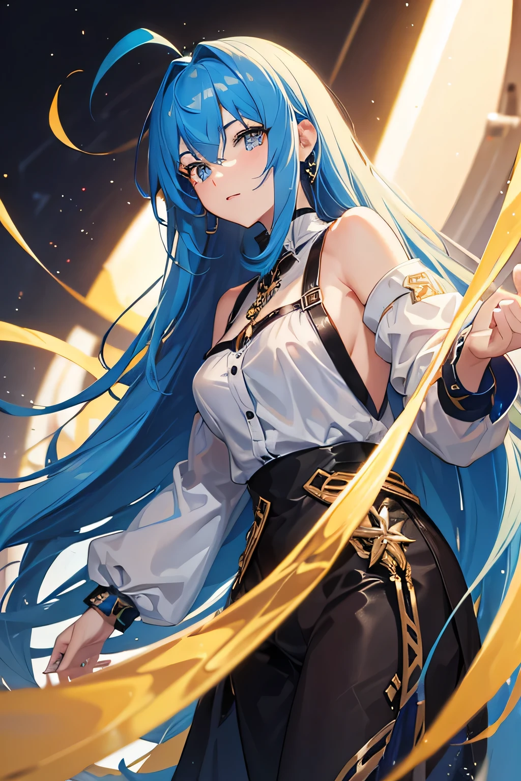 8K,Blue Hair,Long Hair,Golden Eyes,