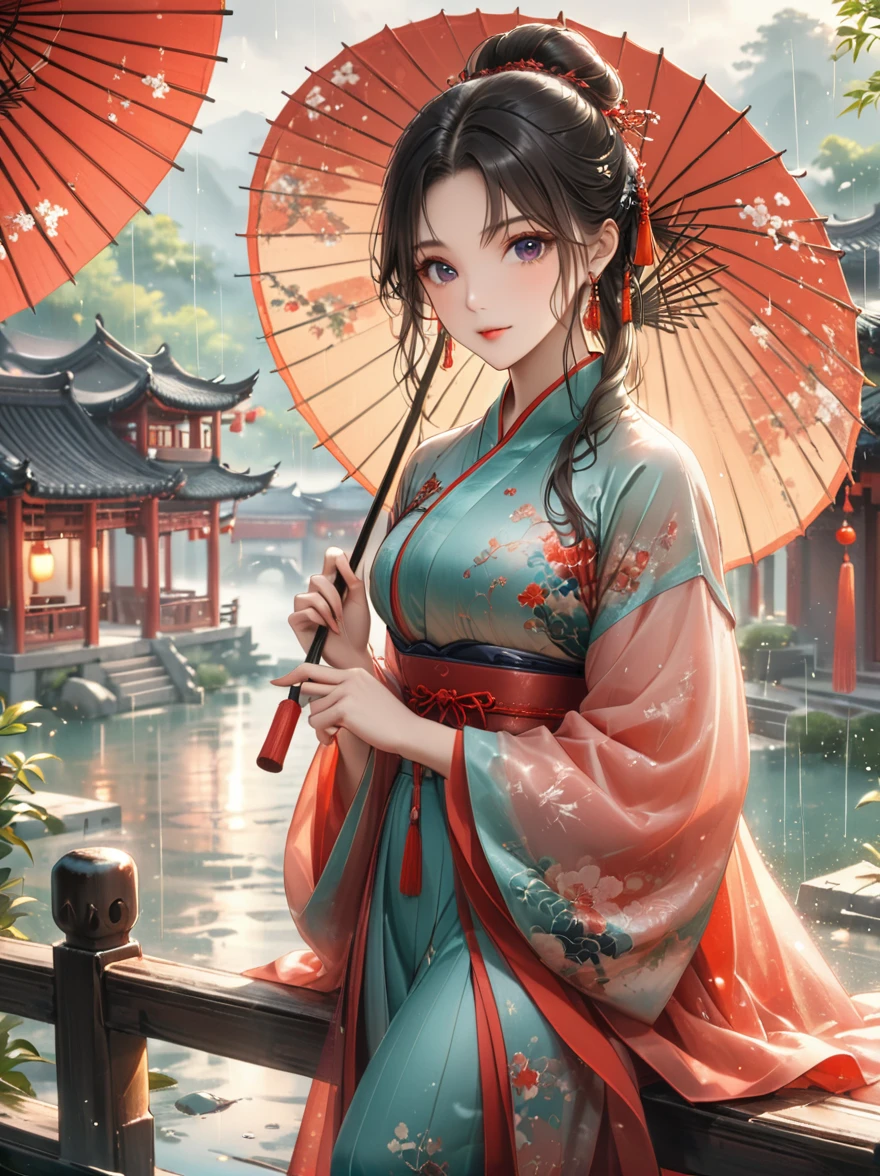 (Best quality，8K，high resolution，masterpiece:1.2)，Ultra Detail，(Girl holding an oil-paper umbrella:1.3)，(Oil-paper umbrella:1.5)，(Girls Focus)，(Close shot)，(beauty细致的眼睛，beauty细致的嘴唇，Extremely detailed eyes and face，Long eyelashes)，Stand on a small bridge，Running Water，Ancient Town，Jiangnan Scenery，antique，Spring rain，light rain，beauty，Traditional Chinese Hanfu，Chinese Architecture，illustration，The image is bright，rich and colorful，Fine details