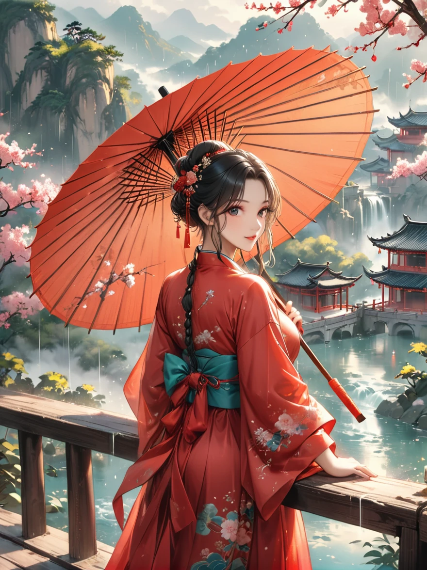 (Best quality，8K，high resolution，masterpiece:1.2)，Ultra Detail，(Girl holding an oil-paper umbrella:1.3)，(Oil-paper umbrella:1.5)，(Girls Focus)，(Close shot)，(beauty细致的眼睛，beauty细致的嘴唇，Extremely detailed eyes and face，Long eyelashes)，Stand on a small bridge，Running Water，Ancient Town，Jiangnan Scenery，antique，Spring rain，light rain，beauty，Traditional Chinese Hanfu，Chinese Architecture，illustration，The image is bright，rich and colorful，Fine details