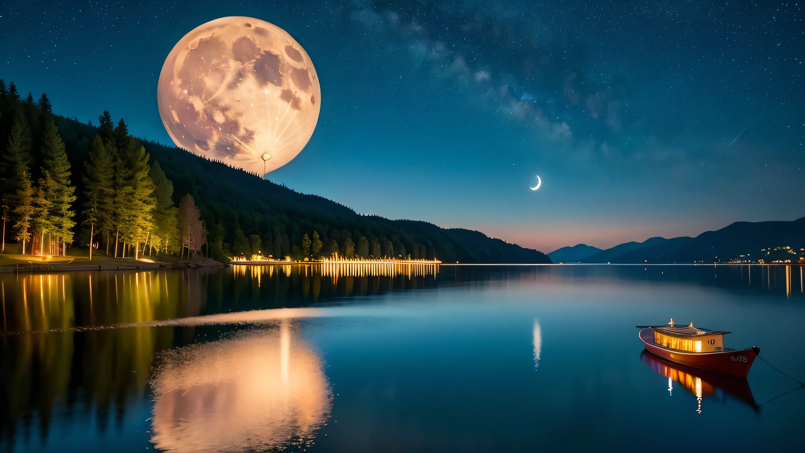 lake、Lakeside、A luxury boat on the lake、A large ship is visible nearby、Nice ship、The background is a starry sky、Big Moon、Big full moon、Magnificent moonlit night、Spectacular full moon、Fantasy、mysterious、cinematic、8K、The lamp lights up、high resolution、Healing、Peaceful and sleepy、relax、Romantic mood。