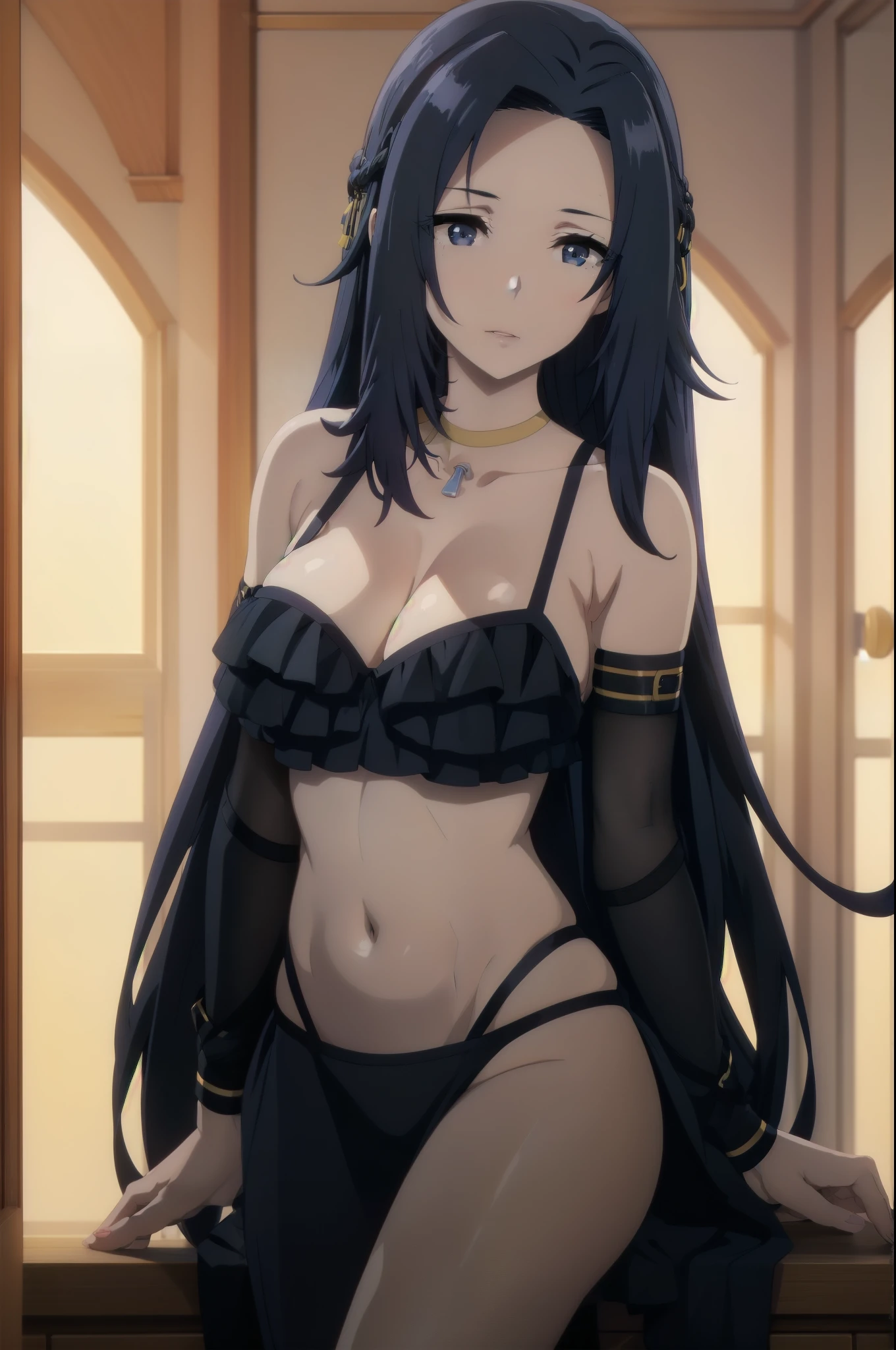 anime girl in a black lingerie with long blue hair, anime girl with long blue hair, seductive anime girl, beautiful alluring anime woman, beautiful alluring anime teen, anime goddess, anime girl wearing a black dress, anime girl with long hair, top rated on pixiv, beautiful anime woman, from girls frontline
